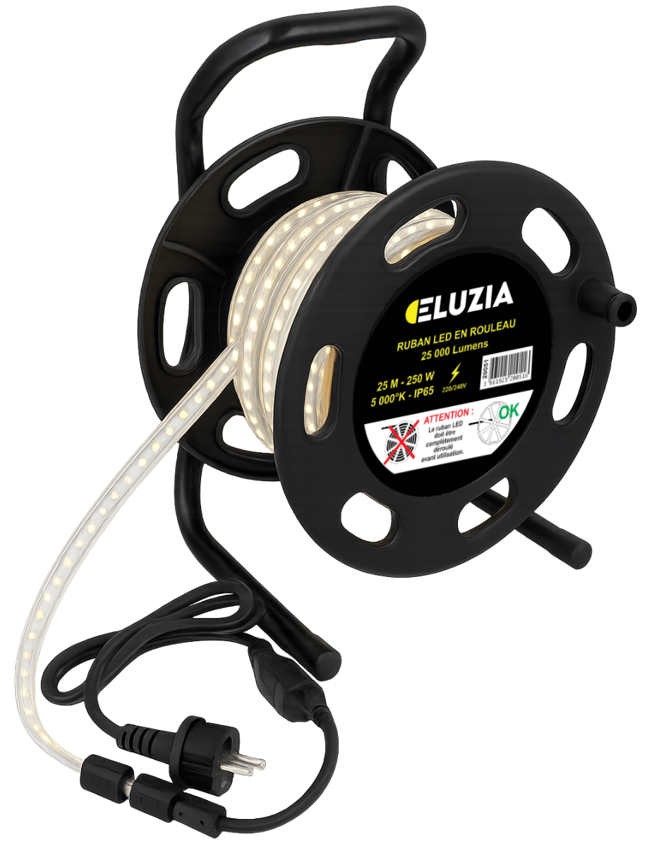 Ruban LED 220V sur dévidoir 15m 129W 8.6W/m 14700L 5000K + connecteur