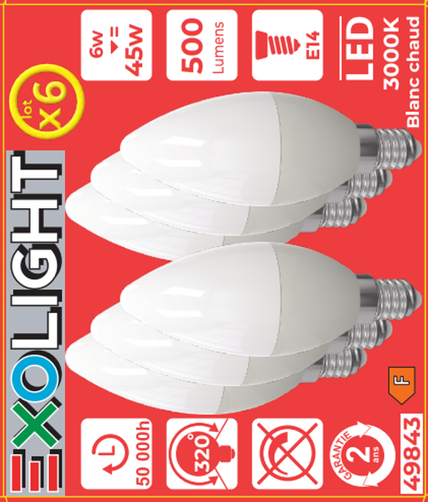 Ampoule LED SMD Flamme lisse opale 3000K 6W 500L E14 - Bx6