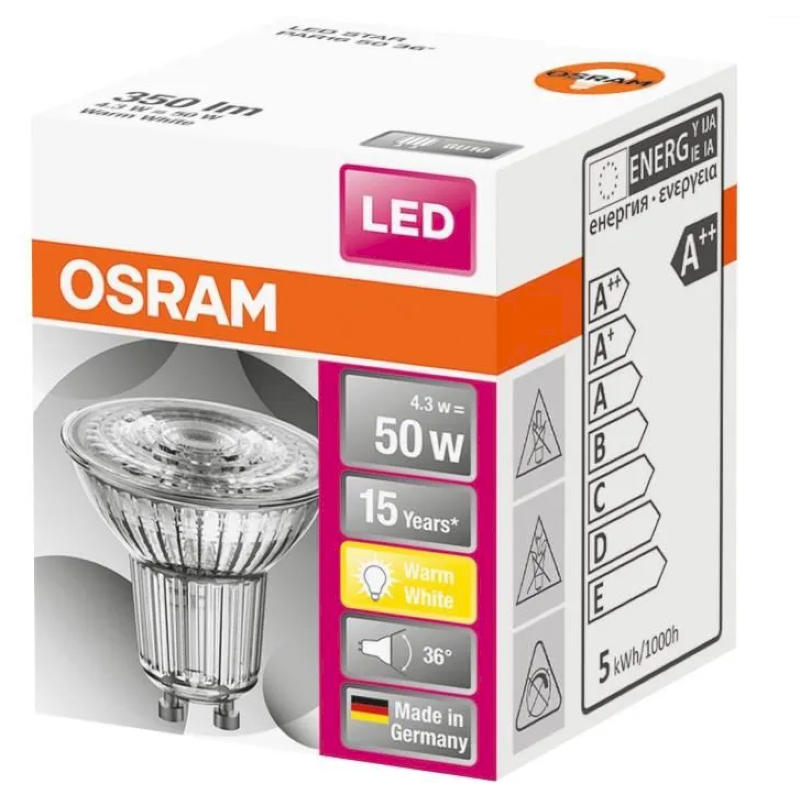 OSRAM Spot PAR16 LED 36° verre 4,3W=50 GU10 chaud